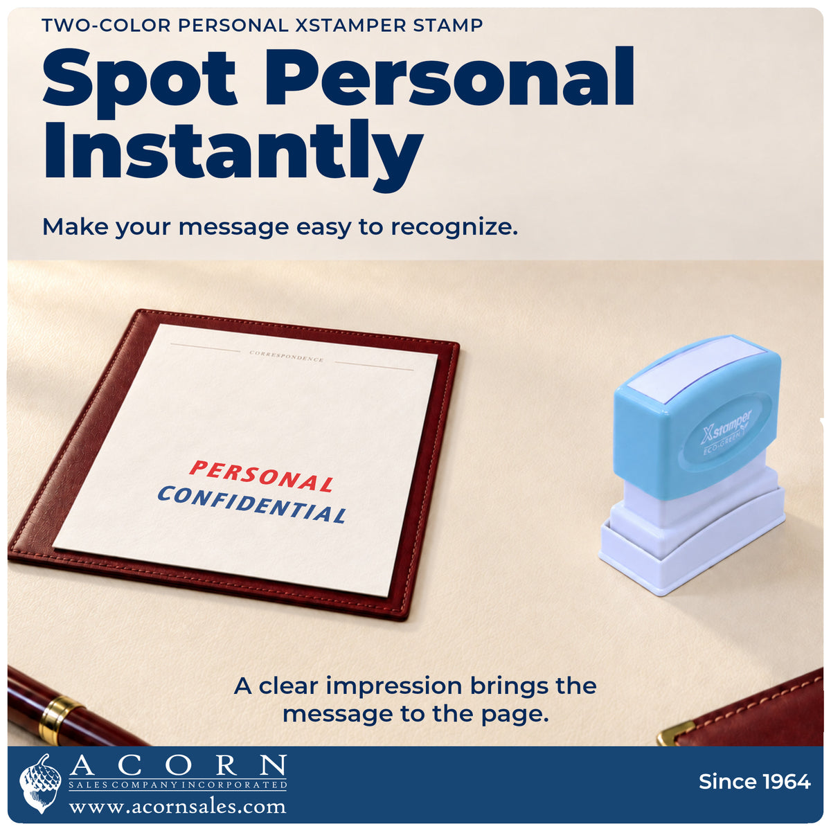 "Personal" imprint on office paperwork beside the Xstamper Personal Document Stamp