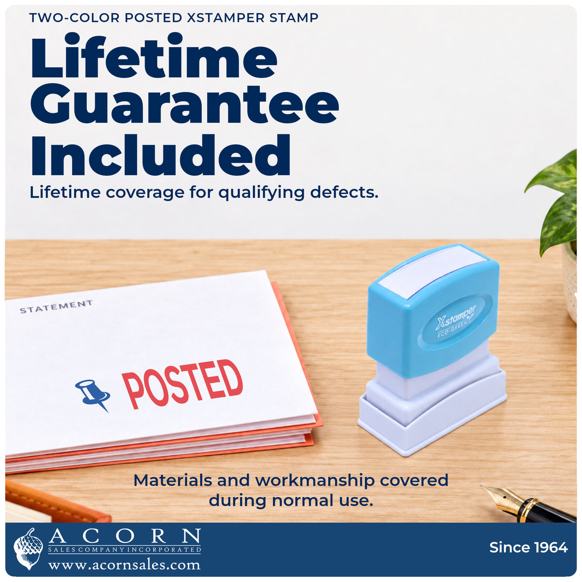 Lifetime guarantee graphic shown with the Posted Stamp from Acorn Sales