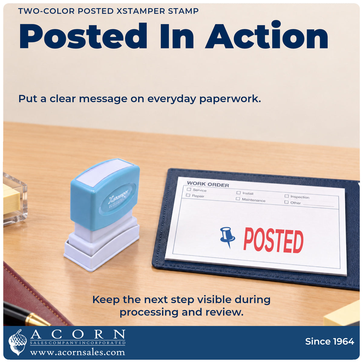 Posted Stamp being pressed to leave an imprint reading "Posted"