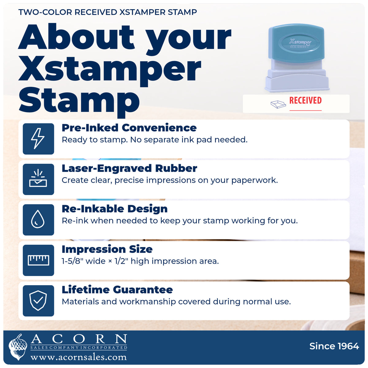 About your Two-Color Received Stamp: Xstamper 2030 pre-inked stock stamp facts