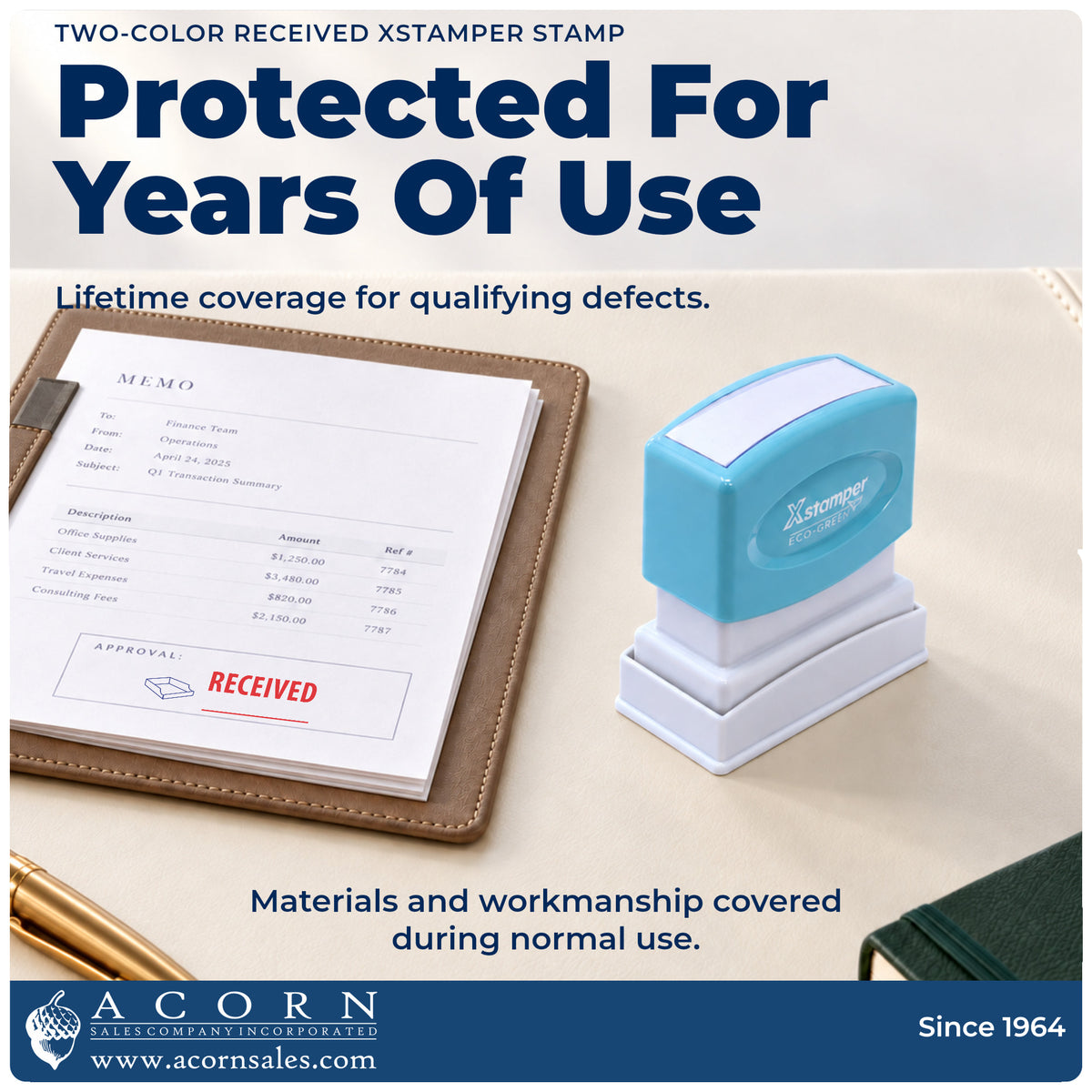 Lifetime guarantee graphic shown with the Two-Color Received Stamp from Acorn Sales