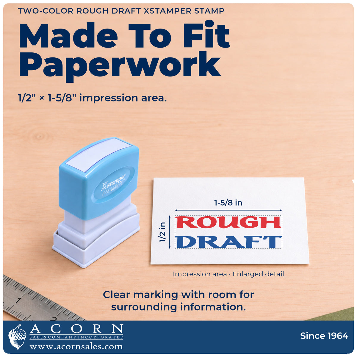 Impression size guide: the "Rough draft" imprint measures 1/2 x 1-5/8 in