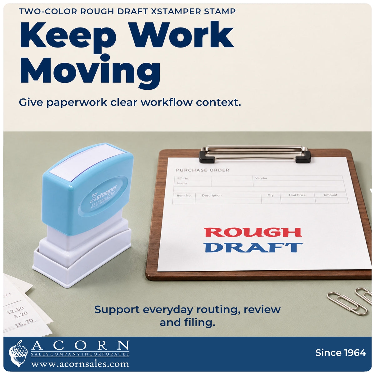 Office workflow showing where the "Rough draft" stamp marks documents