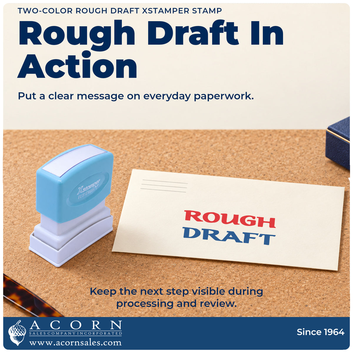 Two-Color Rough Draft Document Stamp being pressed to leave an imprint reading "Rough draft"