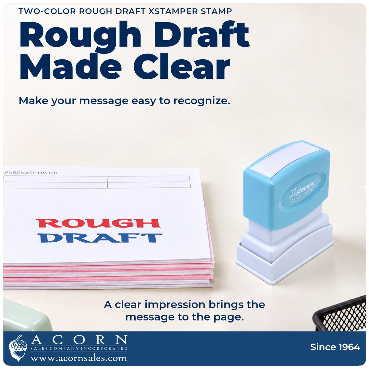 "Rough draft" imprint on office paperwork beside the Two-Color Rough Draft Document Stamp
