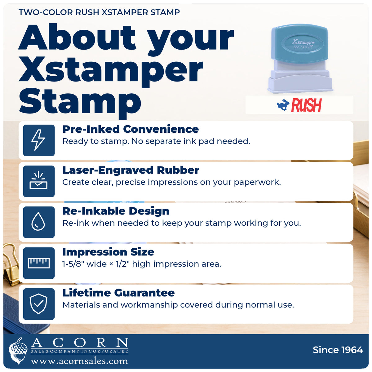 About your Two-Color Rush Priority Stamp: Xstamper 2040 pre-inked stock stamp facts