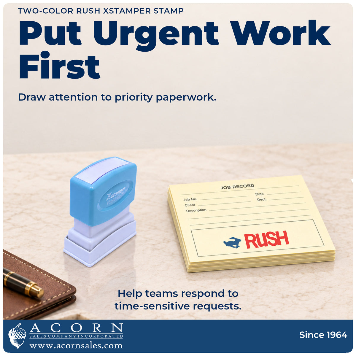 Office workflow showing where the "Rush" stamp marks documents