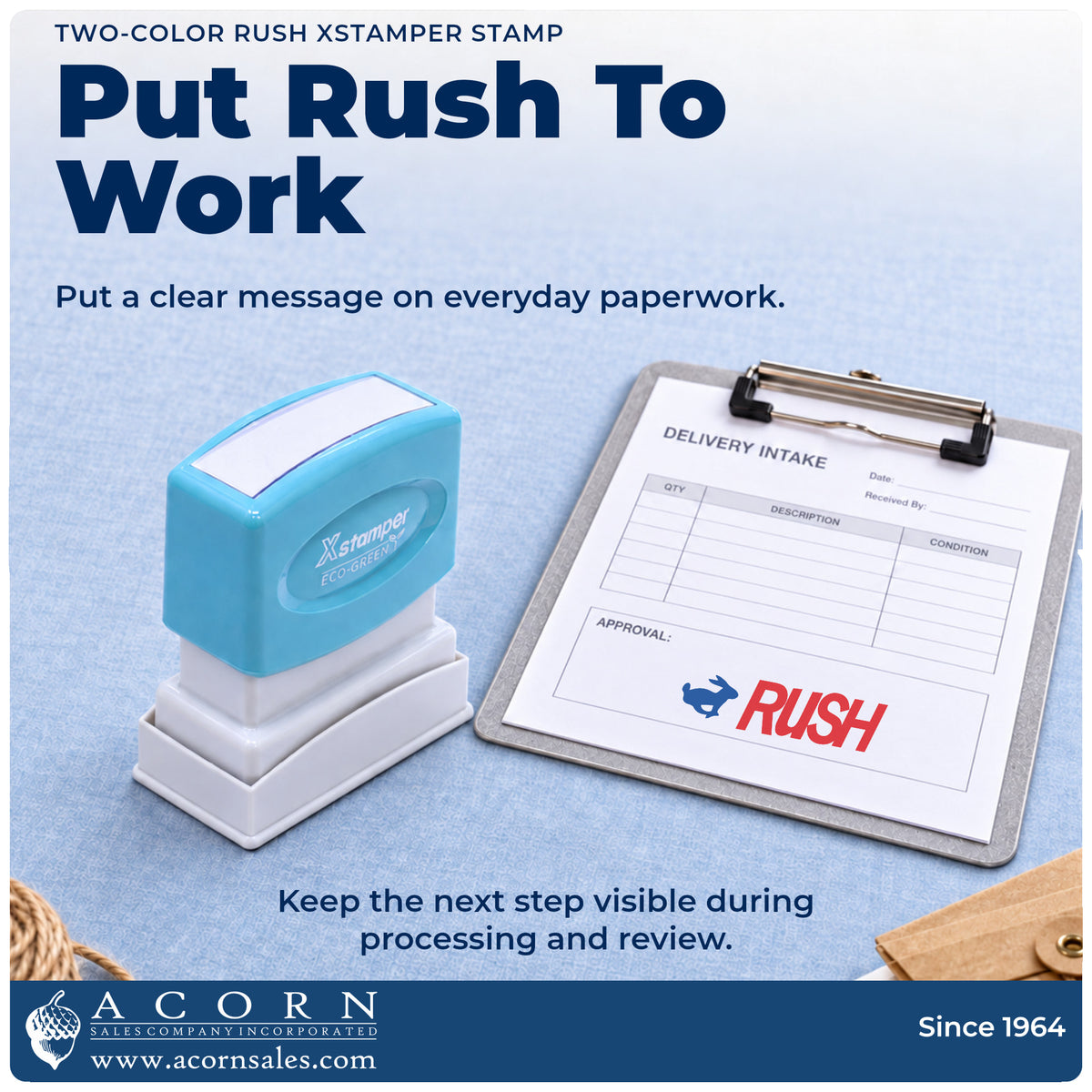 Two-Color Rush Priority Stamp being pressed to leave an imprint reading "Rush"