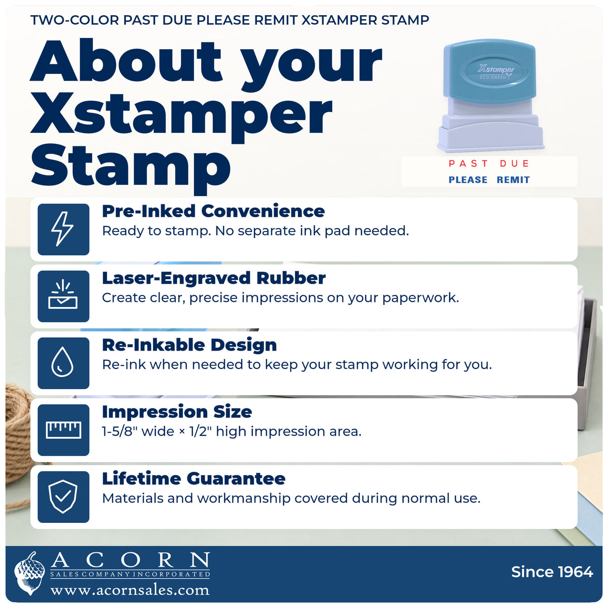 About your Two-Color Past Due Please Remit Billing Stamp: Xstamper 2015 pre-inked stock stamp facts