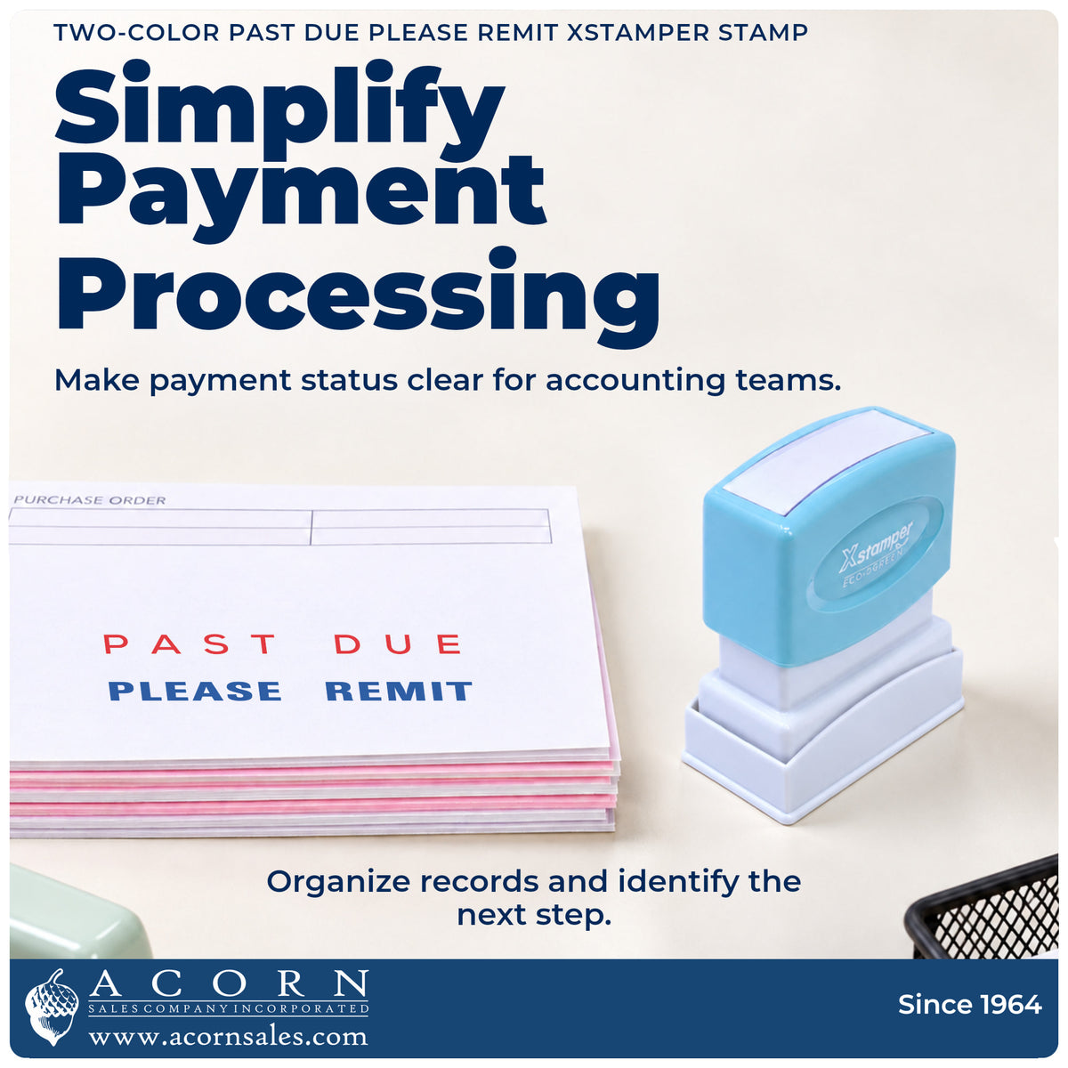 Office workflow showing where the "Past due please remit" stamp marks documents