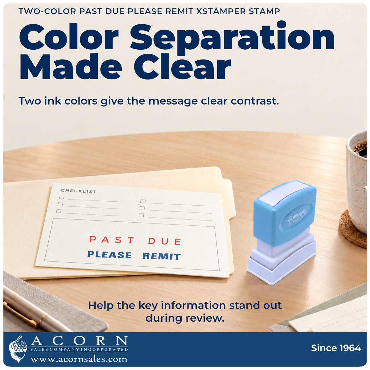 Features of the Two-Color Past Due Please Remit Billing Stamp: pre-inked Xstamper 2015, 1-5/8 x 1/2 in imprint