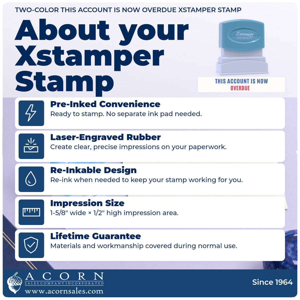 About your Xstamper This Account Is Now Overdue Billing Stamp: Xstamper 2004 pre-inked stock stamp facts