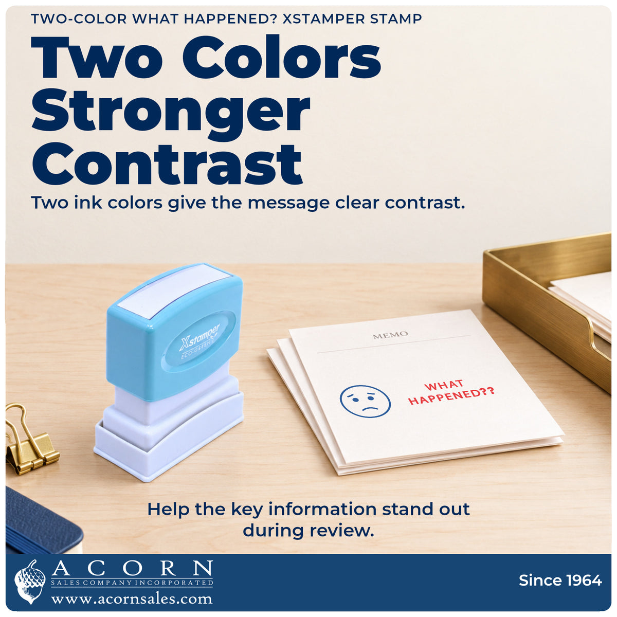 Features of the Two-Color What Happened? Stamp: pre-inked Xstamper 2017, 1/2 x 1-5/8 in imprint