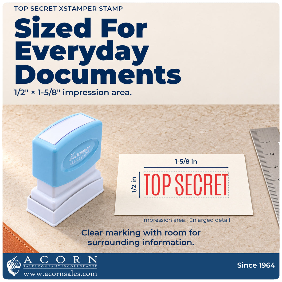 Impression size guide: the "Top secret" imprint measures 1-5/8 x 1/2 in