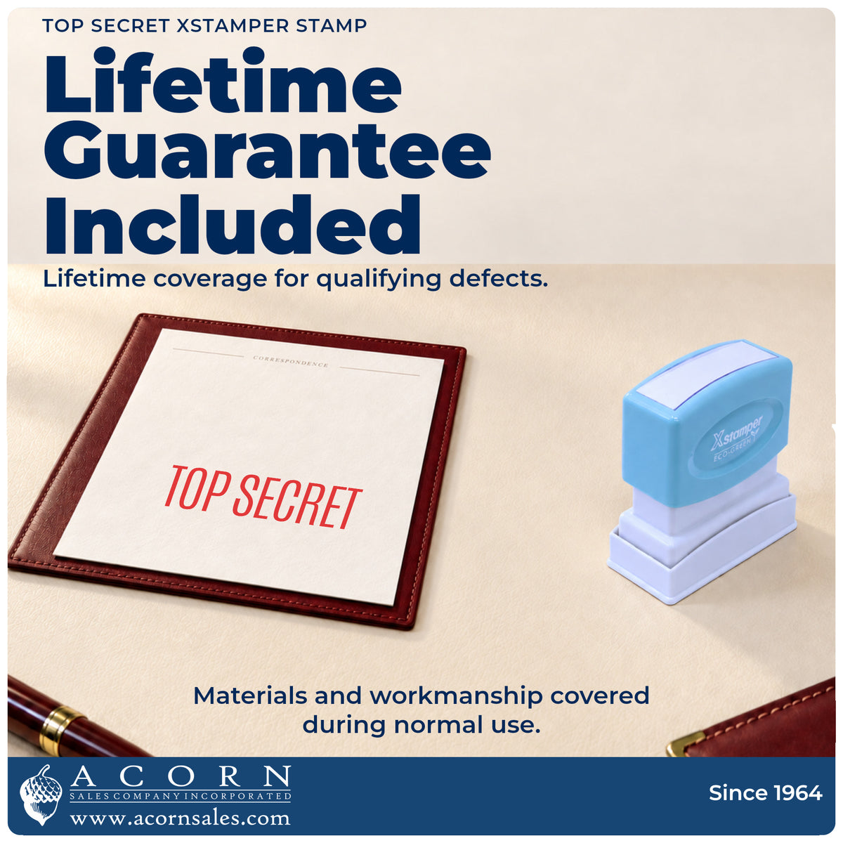Lifetime guarantee graphic shown with the Top Secret Document Stamp from Acorn Sales