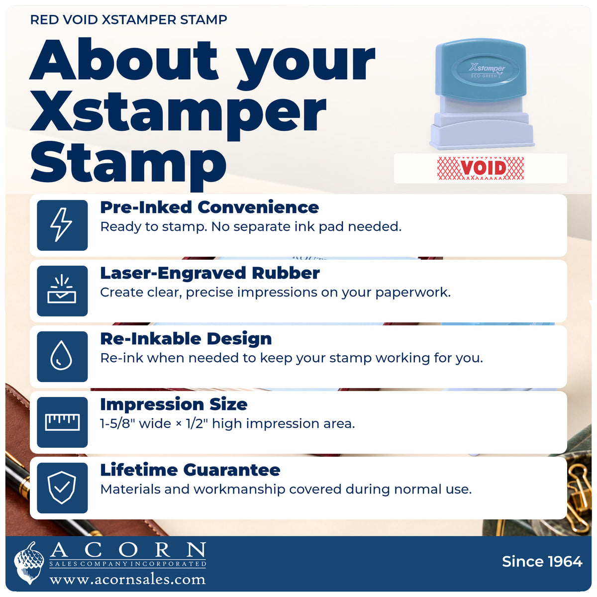 About your Red Void Accounting Stamp: Xstamper 1825 pre-inked stock stamp facts