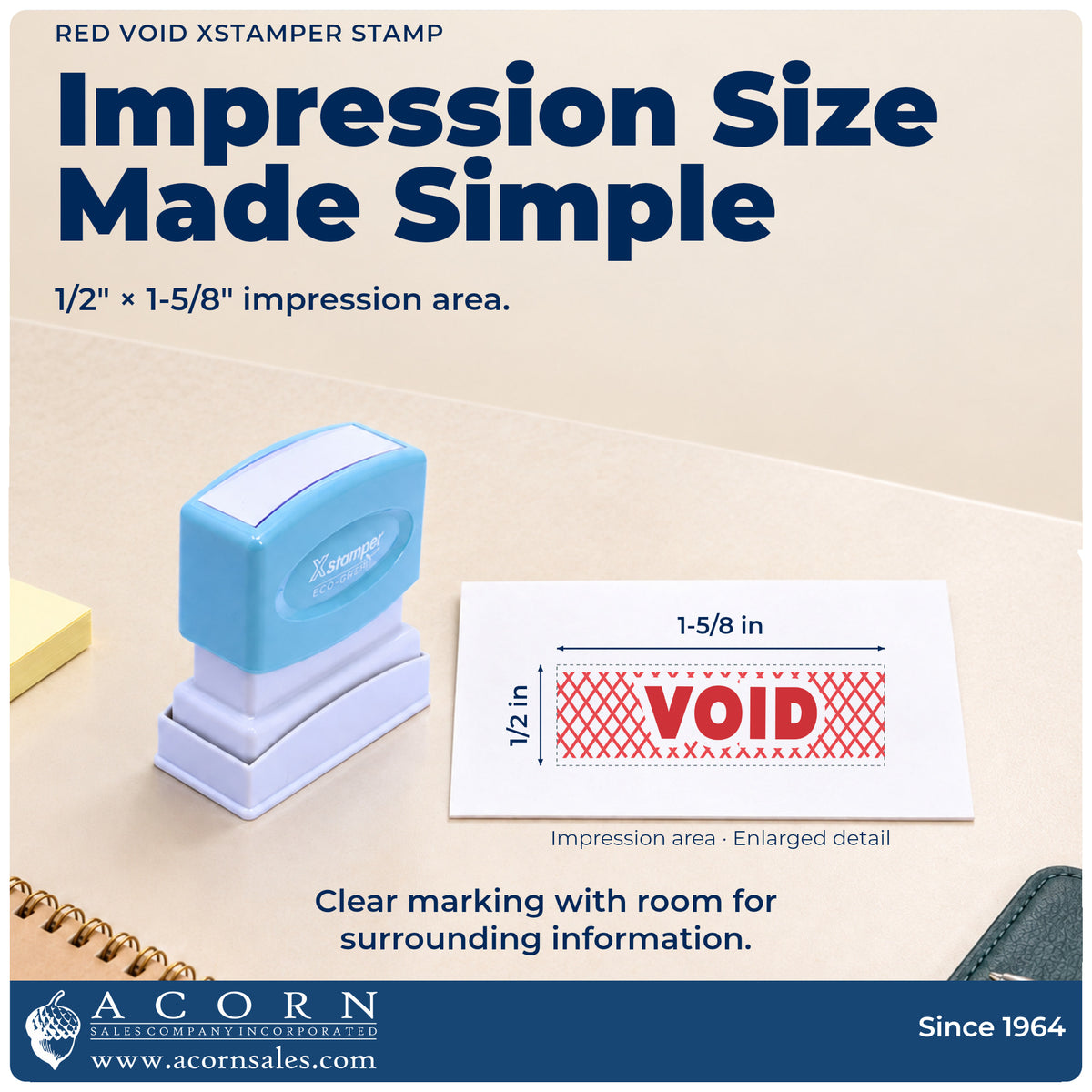 Impression size guide: the "Void" imprint measures 1/2 x 1-5/8 in