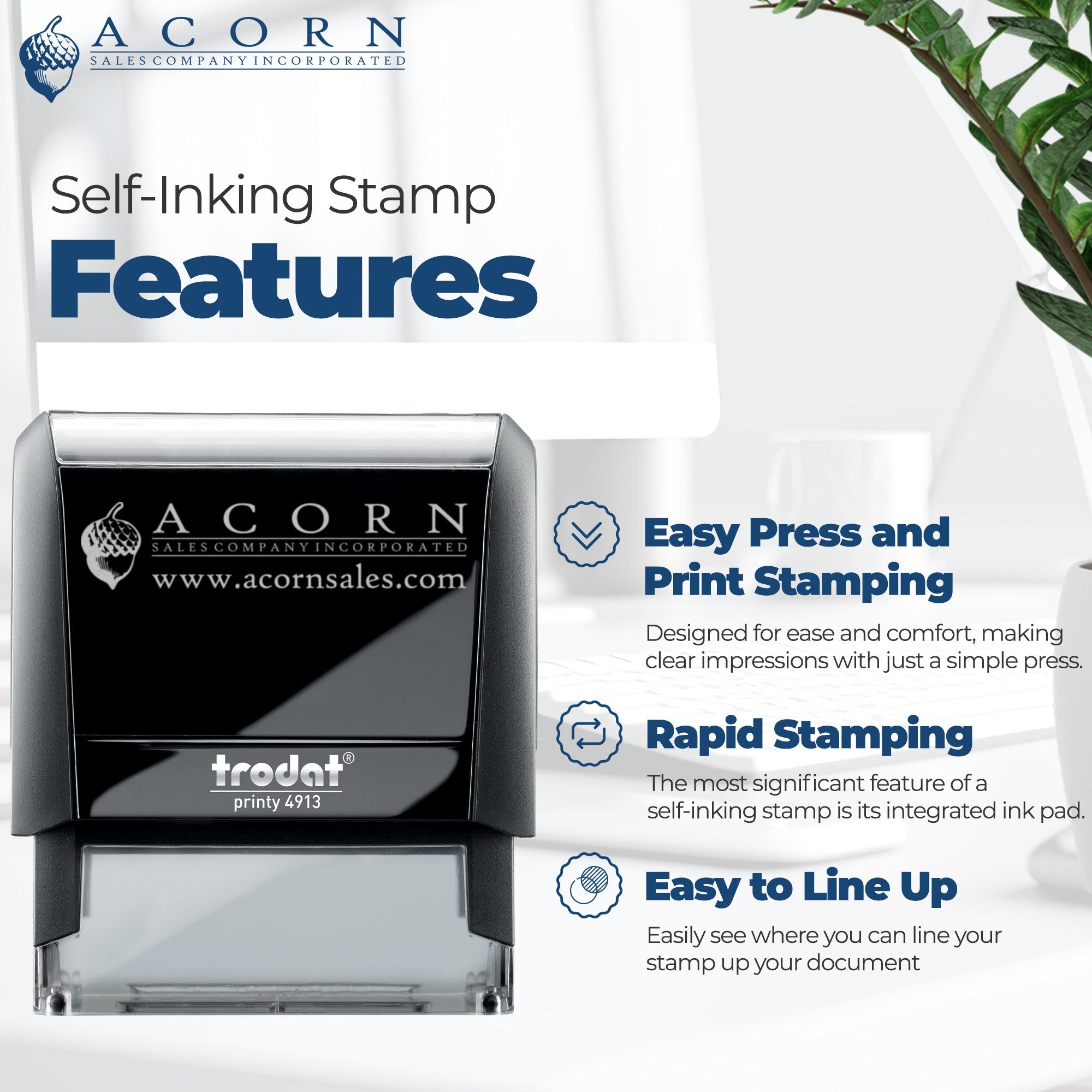Acorn Sales self-inking stamp with easy press, rapid stamping, and clear impressions for fast, accurate document marking.