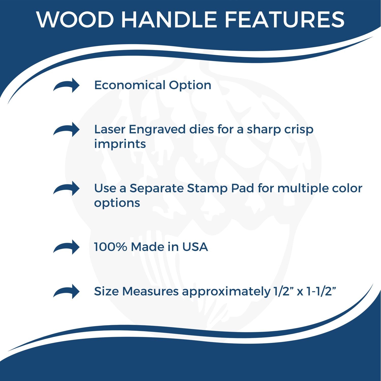 Wood handle features infographic listing economical option, laser engraved crisp imprints, separate stamp pad for color options, 100% made in USA, and approximate size 1/2 x 1-1/2 inches.