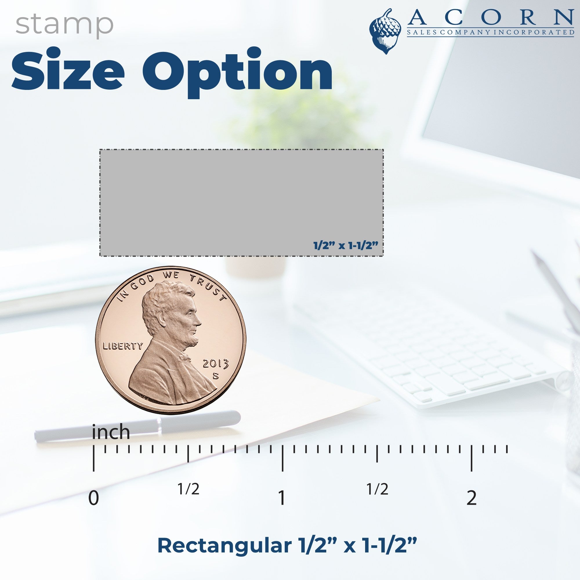Stamp size option for a rectangular 1/2" x 1-1/2" custom stamp with penny for scale, Acorn Sales Company logo, and inch ruler measurement guide.