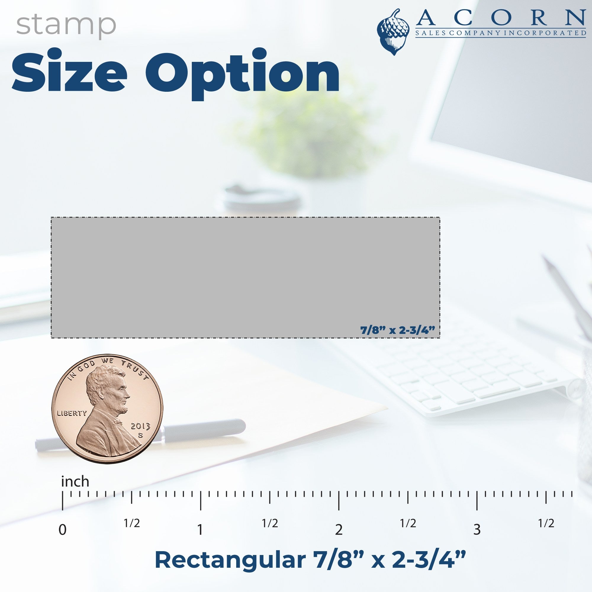 Accord Sales stamp size option graphic showing rectangular 7/8-inch by 2-3/4-inch layout for custom logo or impression ordering.
