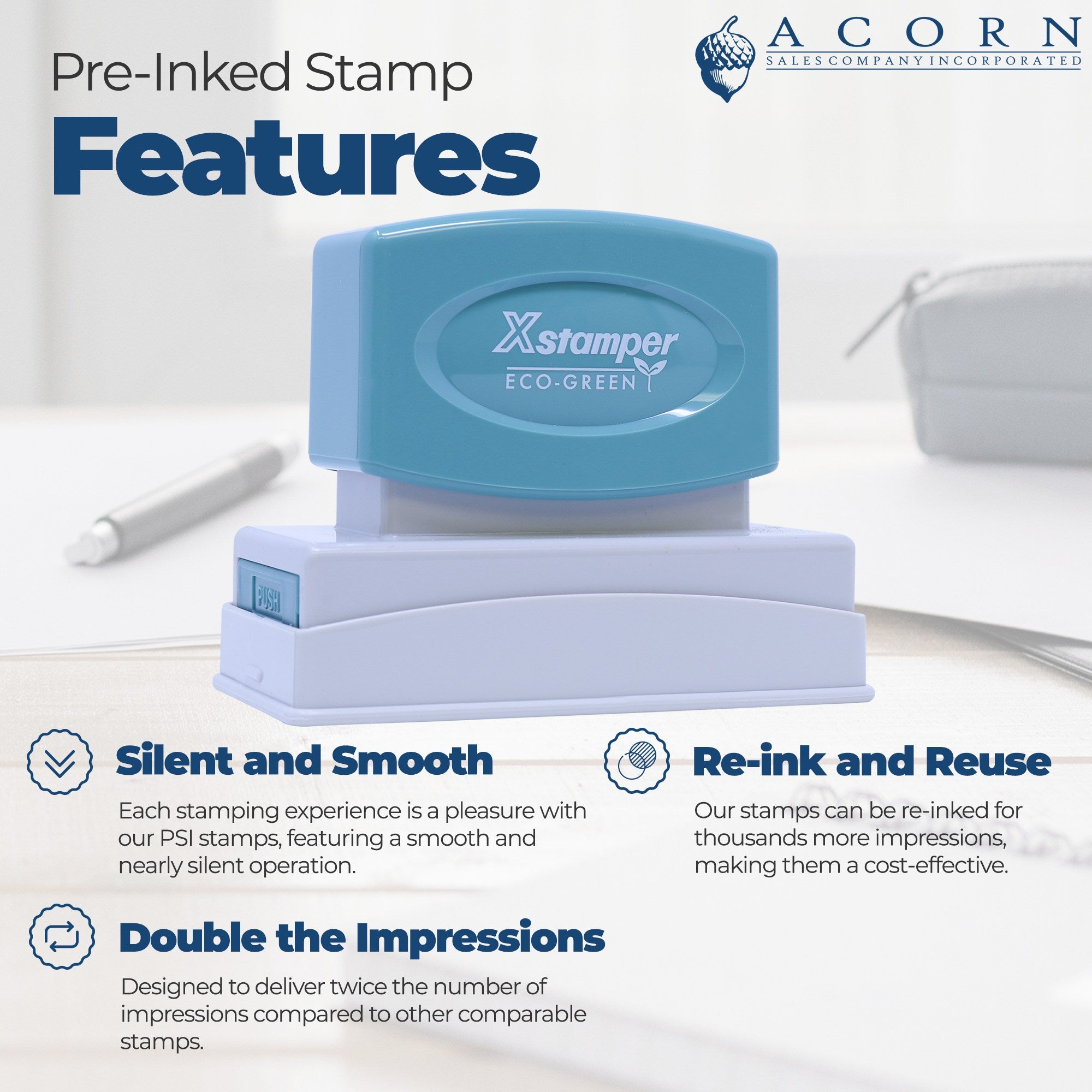 Xstamper Eco-Green pre-inked stamp for PSI markingsilent, smooth impressions, re-ink and reuse for thousands of uses.