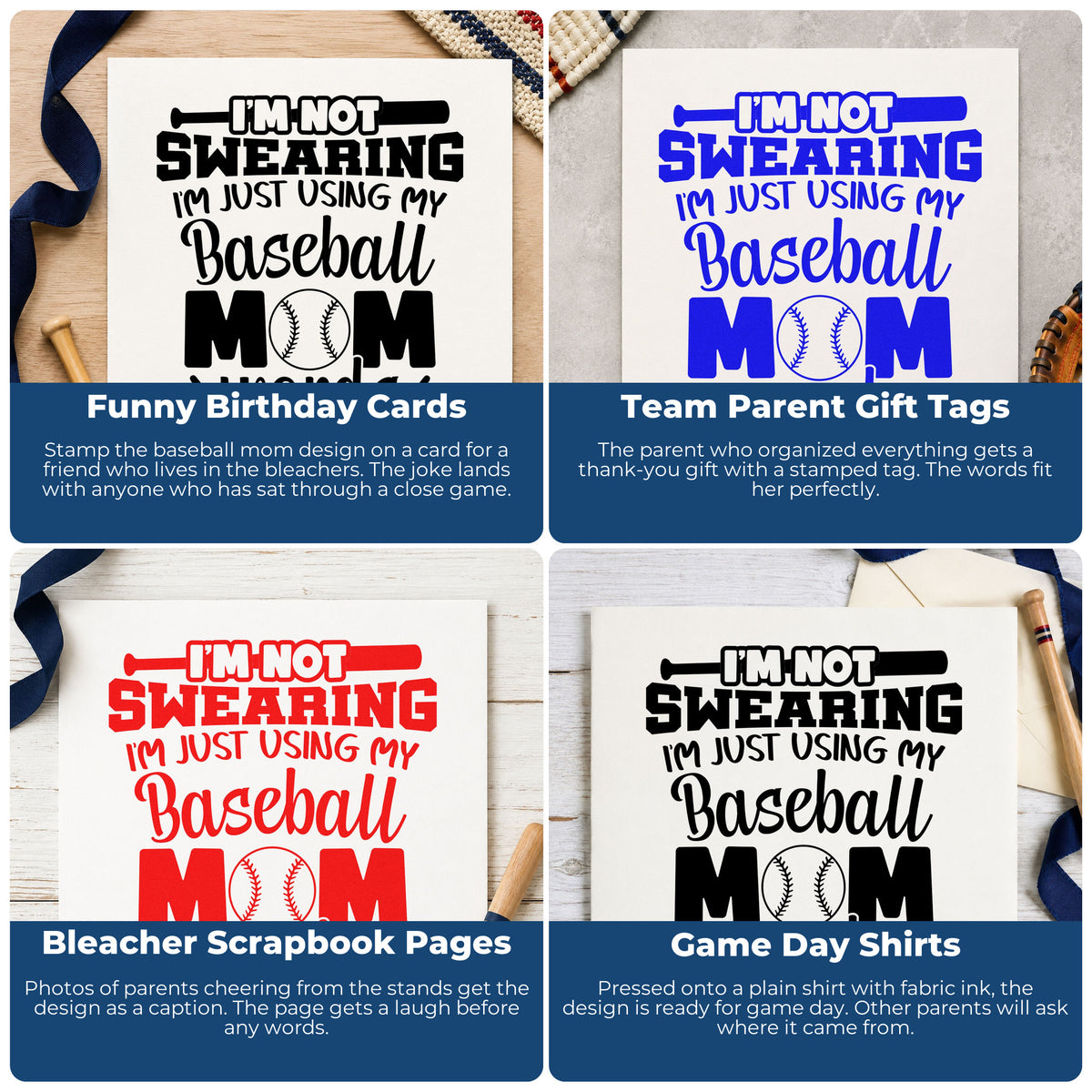 Four ways to use the Baseball Mom Words Stamp – Wood Handle: funny birthday cards, team parent gift tags, bleacher scrapbook pages and game day shirts.