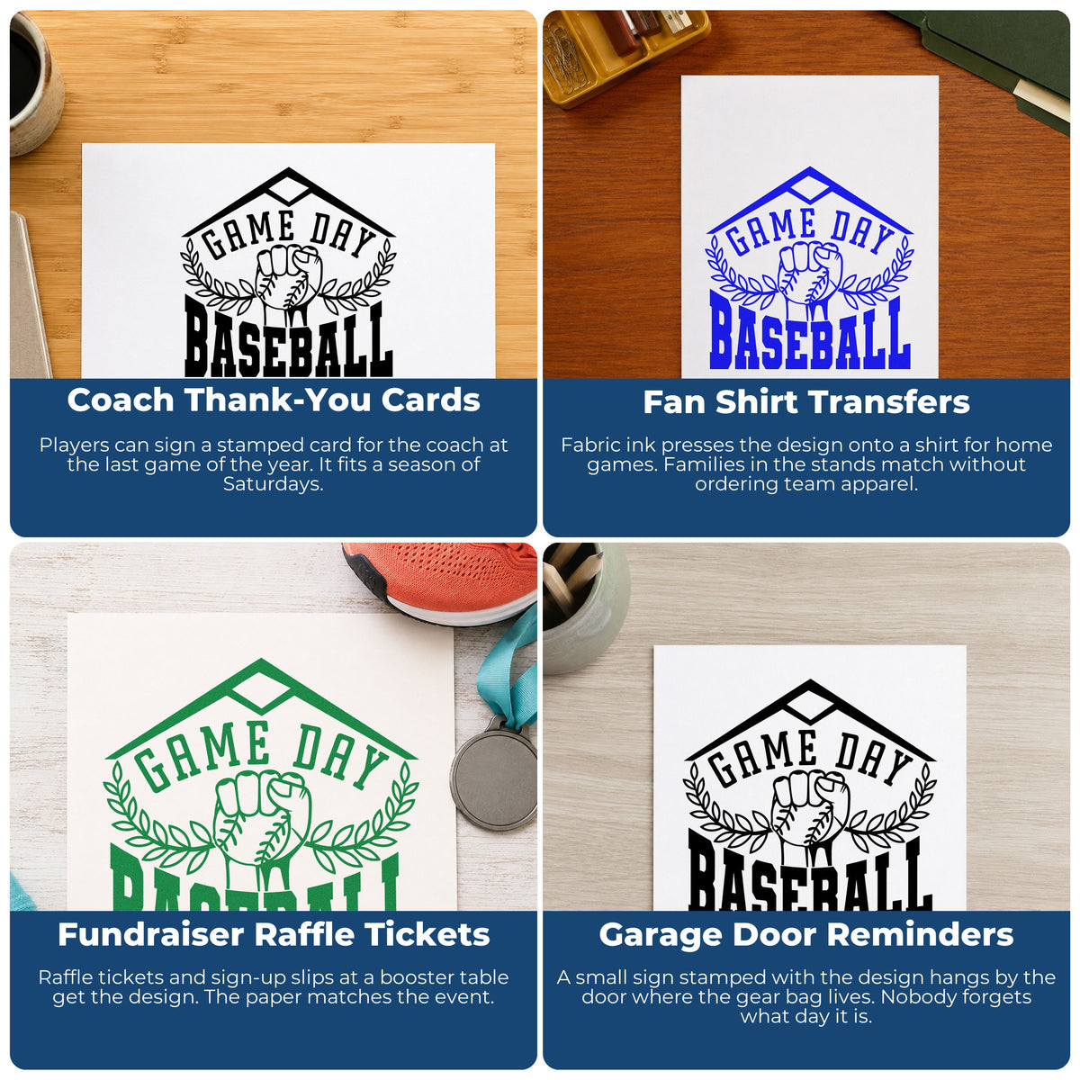 Custom baseball rubber stamp collage showing uses for journals, event flyers, kids crafts, and handmade packaging.