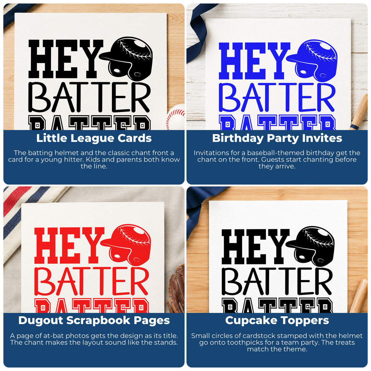 Four ways to use the Hey Batter Batter Batting Helmet Stamp – Self-Inking: little league cards, birthday party invites, dugout scrapbook pages and cupcake toppers.