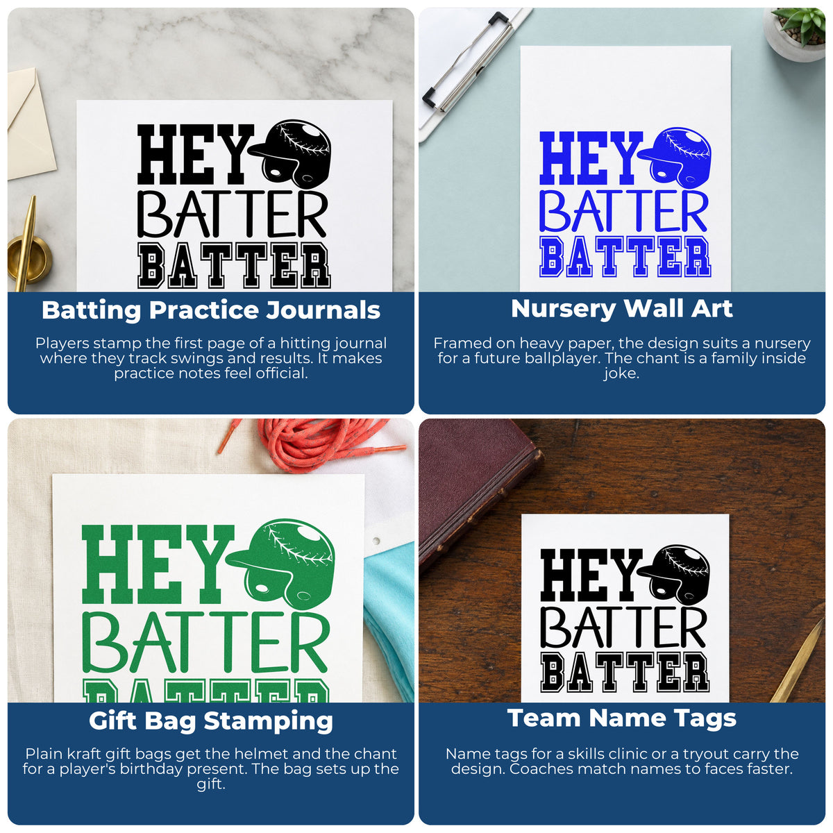 Four ways to use the Hey Batter Batter Batting Helmet Rubber Stamp – Duo Hand: batting practice journals, nursery wall art, gift bag stamping and team name tags.