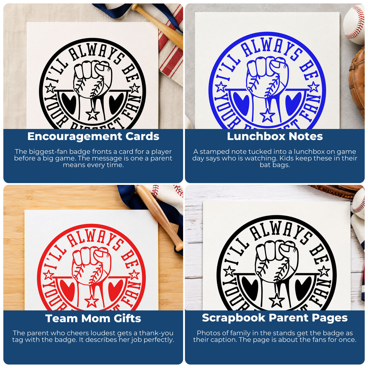 Sports rubber stamps used for scrapbooks, coach thank-you cards, birthday party favors, and custom gift wrapping with athletic designs.
