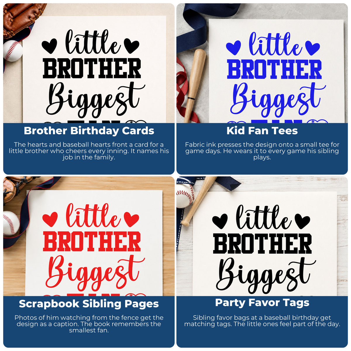 Four ways to use the Little Brother Heart Fan Premium Wooden Stamp - Vintage Pro: brother birthday cards, kid fan tees, scrapbook sibling pages and party favor tags.