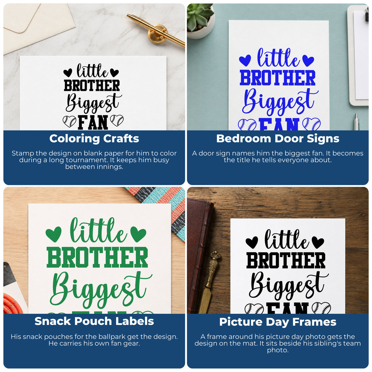 Four ways to use the Little Brother Heart Fan PSI Pre-Inked Stamp: coloring crafts, bedroom door signs, snack pouch labels and picture day frames.