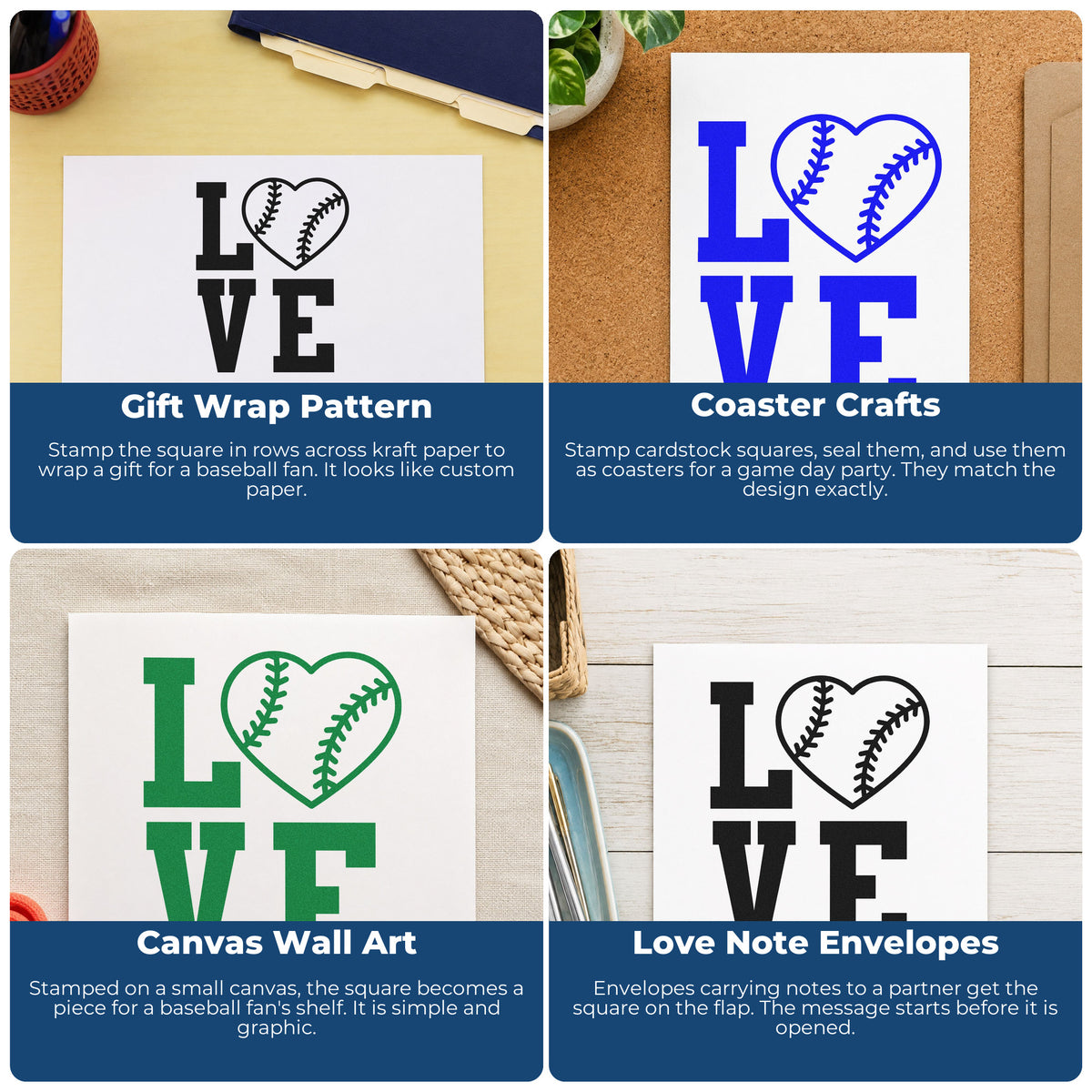 Four ways to use the Wood Handle Baseball Heart Love Rubber Stamp: gift wrap pattern, coaster crafts, canvas wall art and love note envelopes.