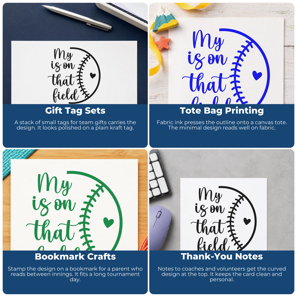 Four ways to use the Half Baseball Outline With Heart Stamp – Self-Inking: gift tag sets, tote bag printing, bookmark crafts and thank-you notes.