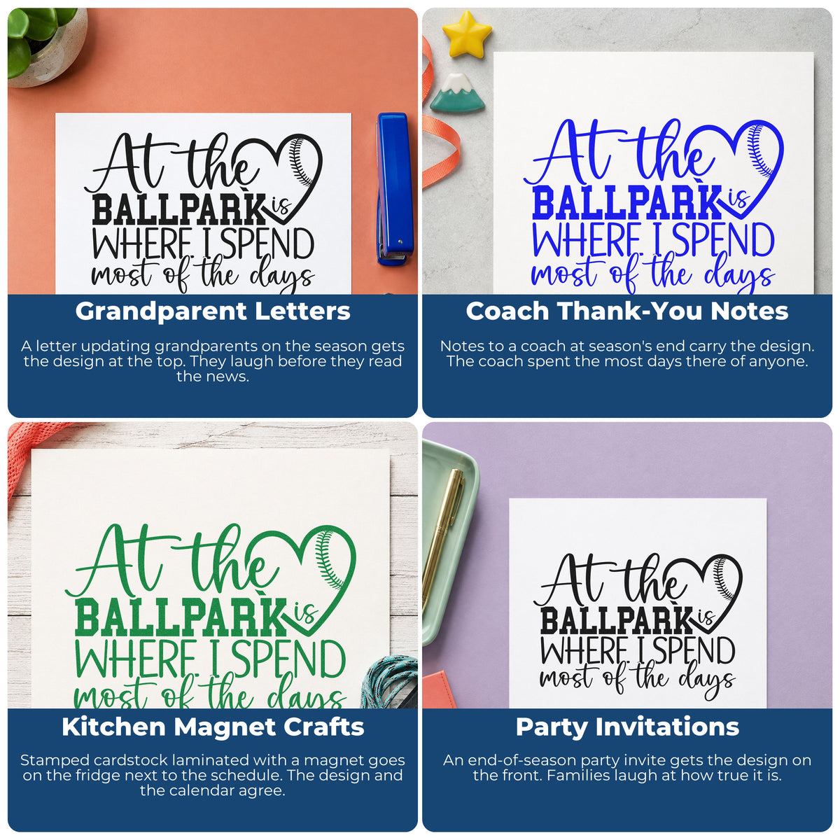 Four ways to use the At The Ballpark Baseball Heart Rubber Stamp – Wood Handle: grandparent letters, coach thank-you notes, kitchen magnet crafts and party invitations.