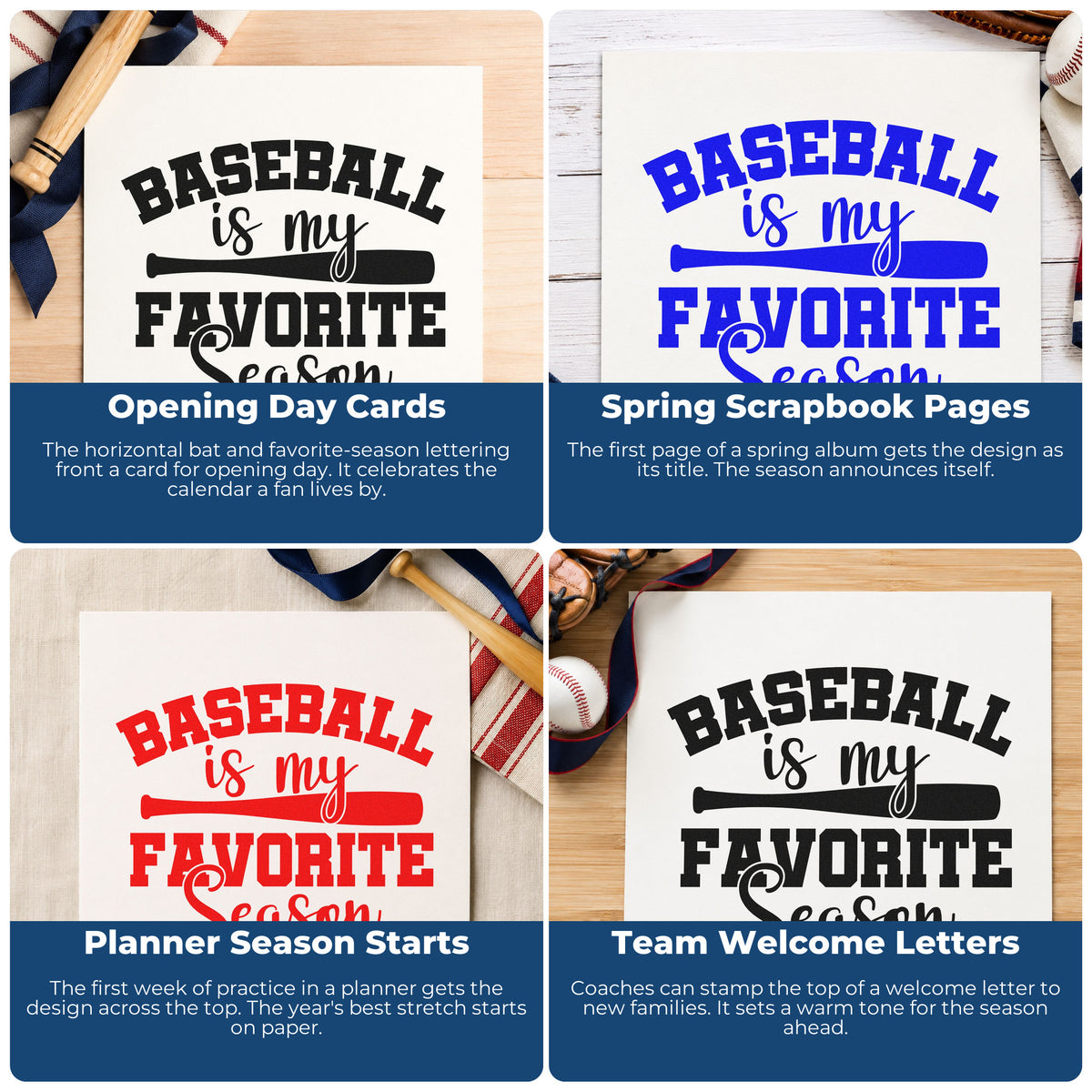 Four ways to use the Baseball Is My Favorite Season Self-Inking Stamp: opening day cards, spring scrapbook pages, planner season starts and team welcome letters.