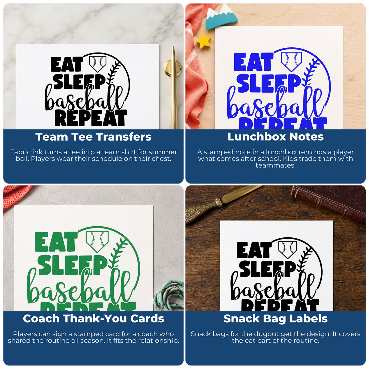 Baseball rubber stamps for planners, event flyers, kids' crafts, and handmade products with team-themed designs.