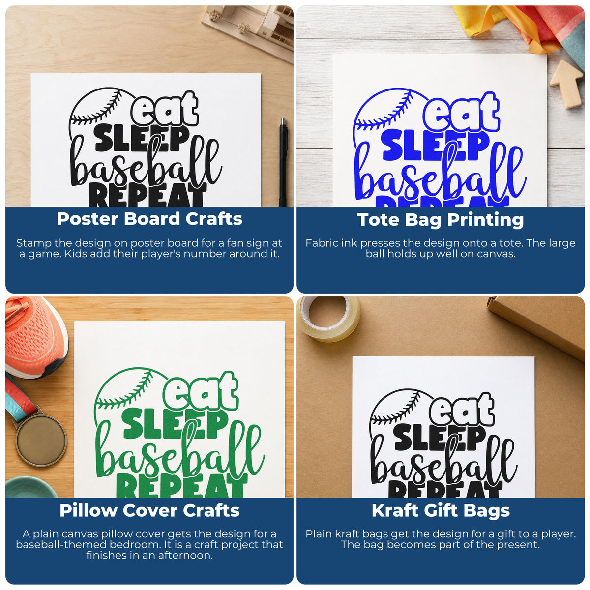 Rubber stamp ideas for baseball-themed journals, event flyers, kids crafts, and handmade product packaging.