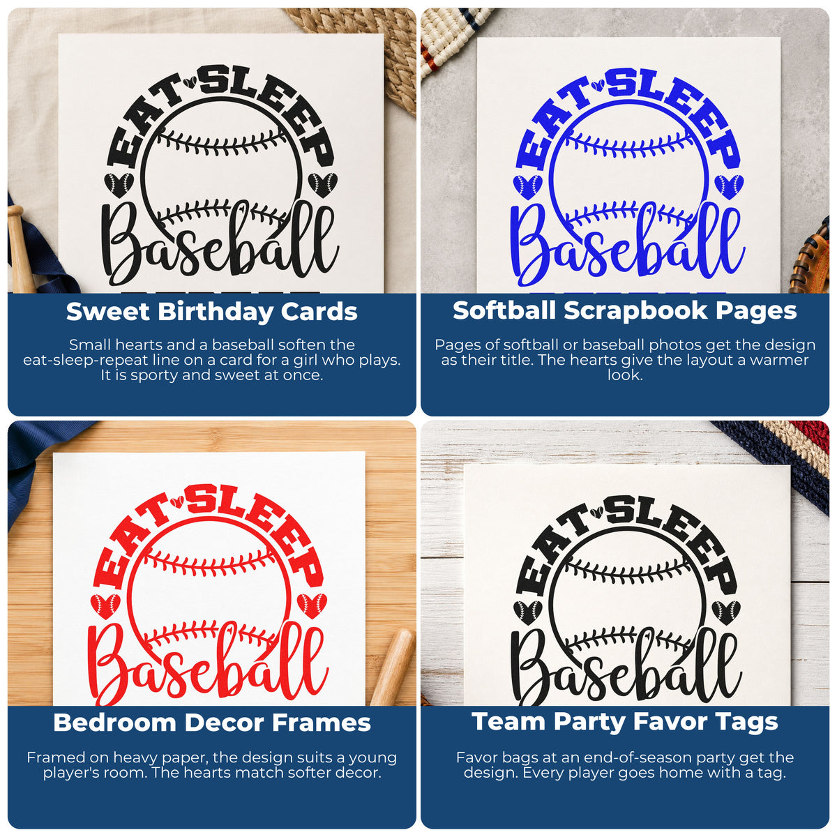 Four ways to use the Eat Sleep Baseball Hearts Pre-Inked Stamp – Slim: sweet birthday cards, softball scrapbook pages, bedroom decor frames and team party favor tags.