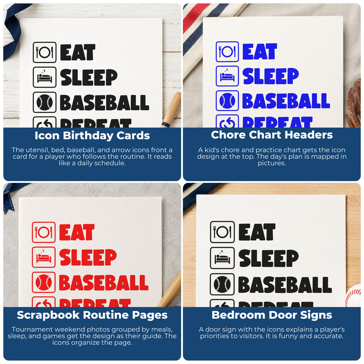 Four ways to use the Baseball Routine Icons Pre-Inked Stamp – PSI: icon birthday cards, chore chart headers, scrapbook routine pages and bedroom door signs.