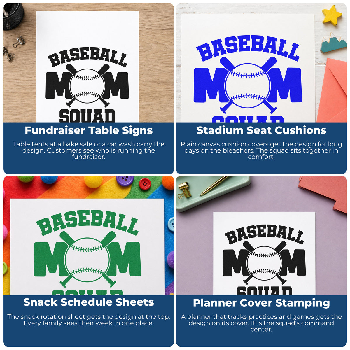Four ways to use the Baseball Mom Squad Bats Lettering Stamp – Slim Pre-Inked: fundraiser table signs, stadium seat cushions, snack schedule sheets and planner cover stamping.