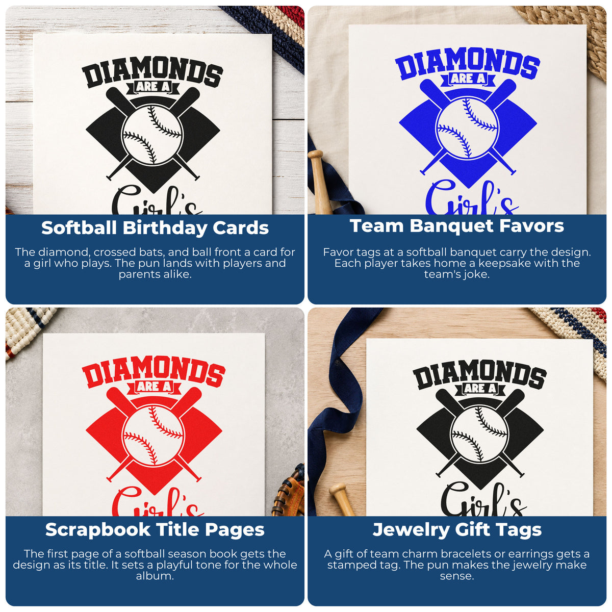 Four ways to use the Diamonds Are A Girl's Best Friend Crossed Baseball Bats Craft Stamp – Self-Inking: softball birthday cards, team banquet favors, scrapbook title pages and jewelry gift tags.