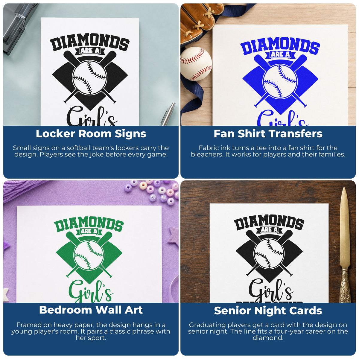 Four ways to use the Pre-Inked Diamonds Are A Girl's Best Friend Crossed Baseball Bats Stamp – PSI: locker room signs, fan shirt transfers, bedroom wall art and senior night cards.