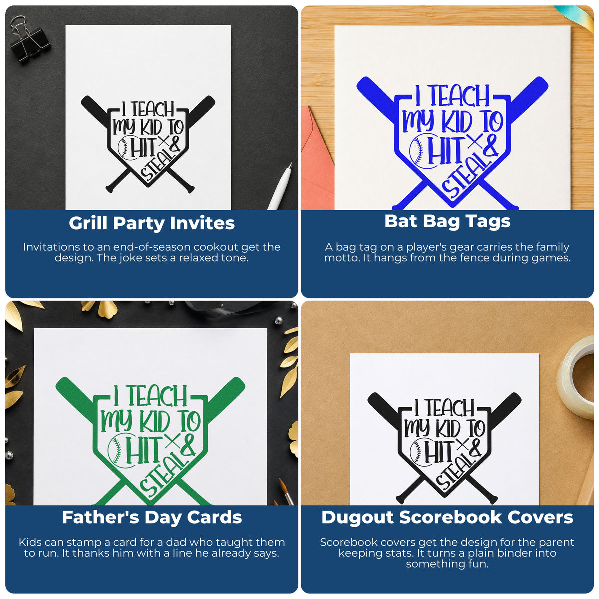 Four ways to use the Hit And Steal Crossed Bats PSI Pre-Inked Stamp: grill party invites, bat bag tags, father's day cards and dugout scorebook covers.