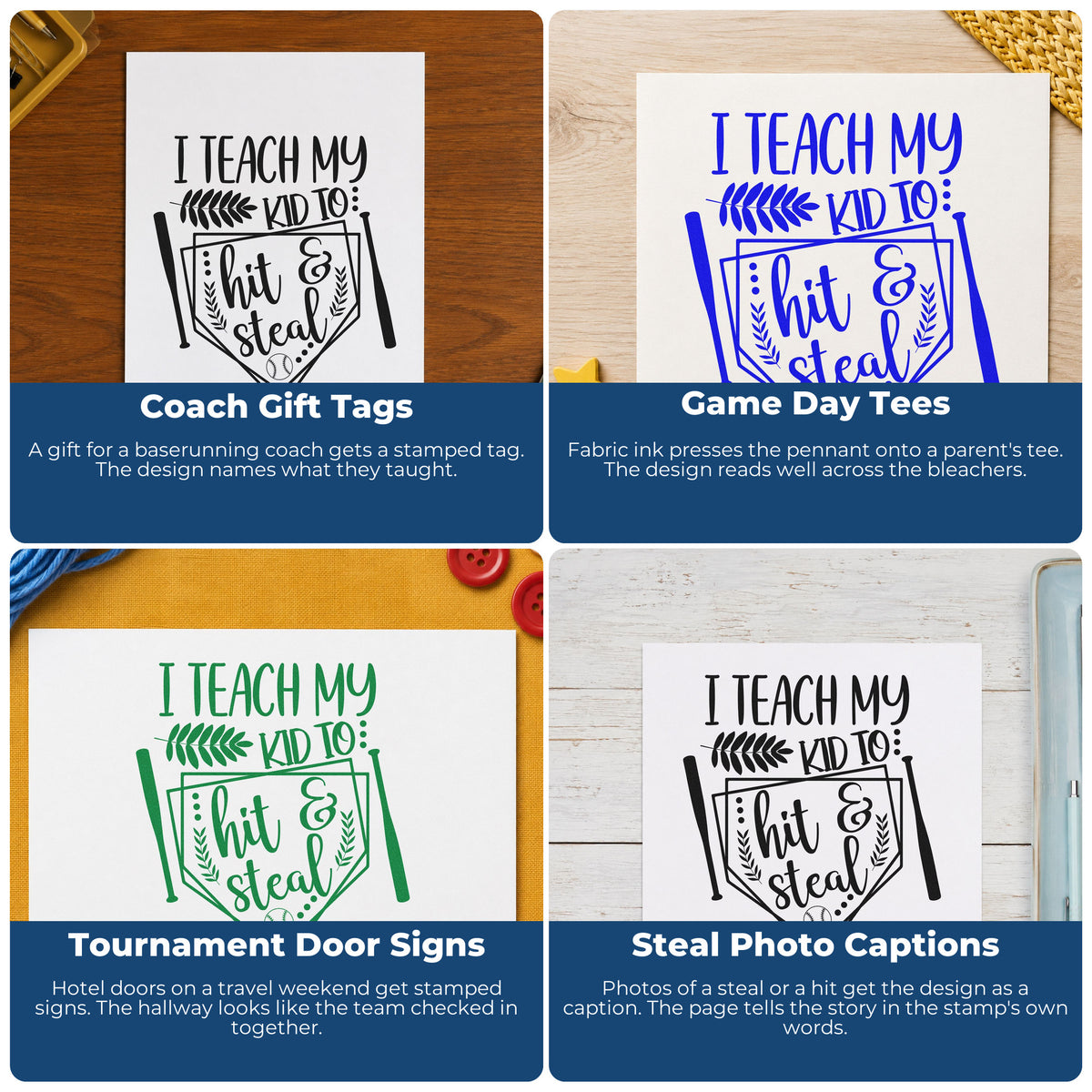 Four ways to use the Hit And Steal Baseball Pennant Stamp - Premium Vintage Pro Wooden: coach gift tags, game day tees, tournament door signs and steal photo captions.