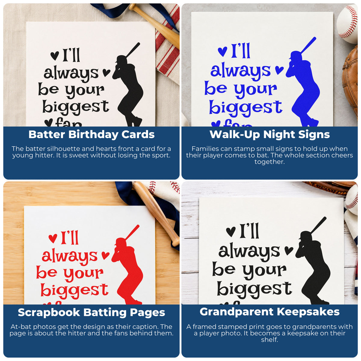Baseball rubber stamp for team spirit scrapbooks, featuring an eat, sleep, baseball, repeat design for sports memory pages.