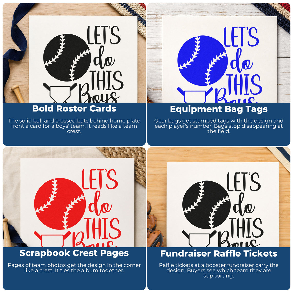 Four ways to use the Let's Do This Boys Plate Crossed Baseball Bats PSI Pre-Inked Stamp: bold roster cards, equipment bag tags, scrapbook crest pages and fundraiser raffle tickets.