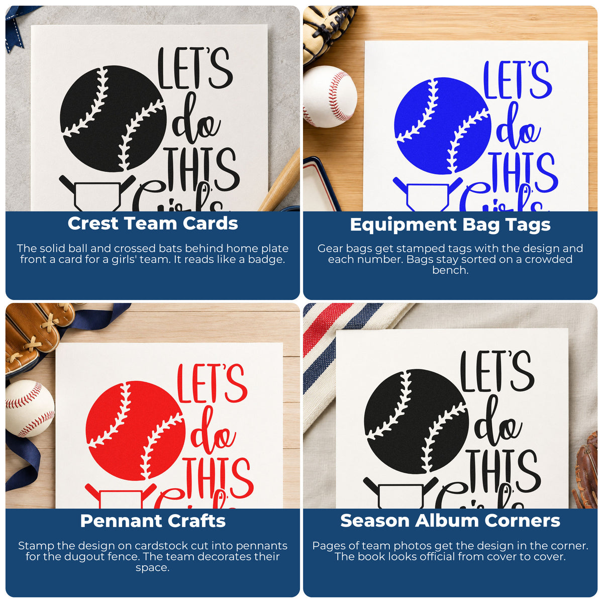 Four ways to use the Let's Do This Girls Plate Crossed Baseball Bats Stamp – Slim Pre-Inked: crest team cards, equipment bag tags, pennant crafts and season album corners.
