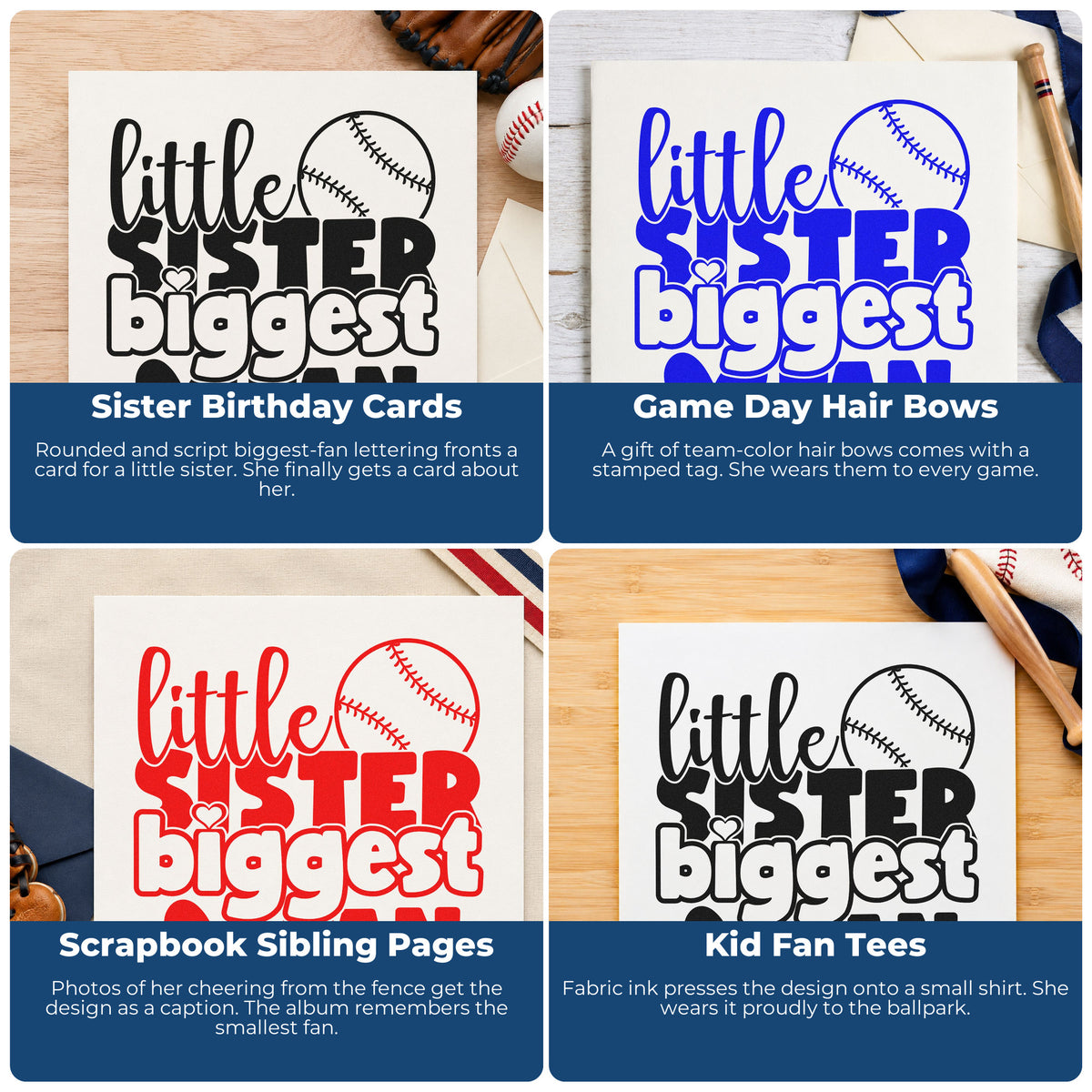Four ways to use the Little Sister Baseball Fan PSI Pre-Inked Stamp: sister birthday cards, game day hair bows, scrapbook sibling pages and kid fan tees.